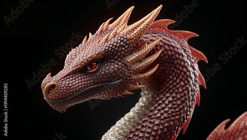 Detailed 3D Model of a Dragon With Red and Gold Scales on a Dark Background