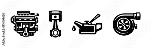 Automotive engine parts and tools icons, flat vector illustration