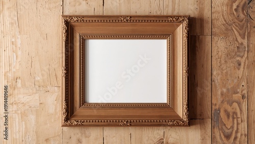 Empty Wooden Frame on Wooden Wall With No Artwork Displayed Inside