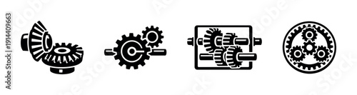 Mechanical gear set icons and configurations, flat vector illustration