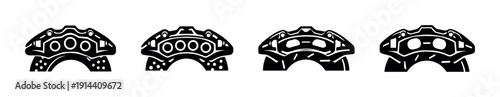 Set of black car brake calipers in a row, flat vector illustration
