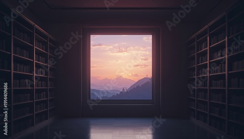 Library Interior With Large Window Showing Sunset Over Mountains in the Evening