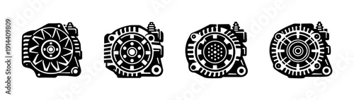 Car alternator front and back views, flat vector illustration