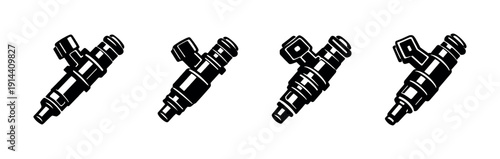 Set of fuel injectors in black silhouette, flat vector illustration