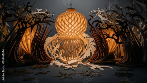 Light Shines From Paper Lamps Amidst Cut-Out Decorations in a Cozy Indoor Set...