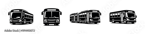 Set of four bus designs in black and white, flat vector illustration