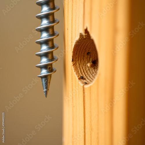 A macro shot of the head of a screw near a predrilled wooden post poised to be driven in. The image captures the intricate detail of the wood grain and the slight shine on the