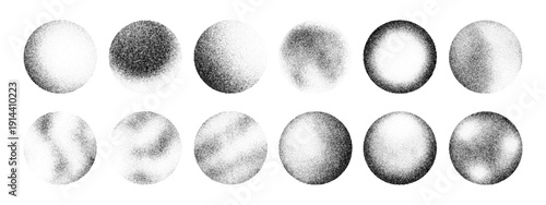 Collection of shaded circular dot patterns. Abstract stipple texture with noise and grain effect. Halftone round shape for grunge design.