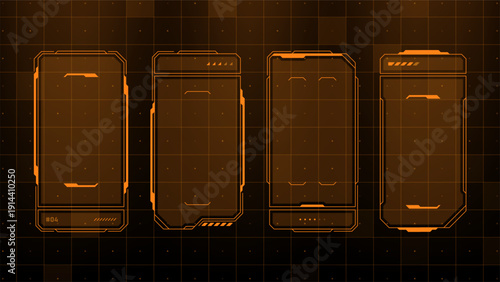 Set of orange hud frames or ui windows on grid background. Futuristic graphic elements for digital display. Data visualization.