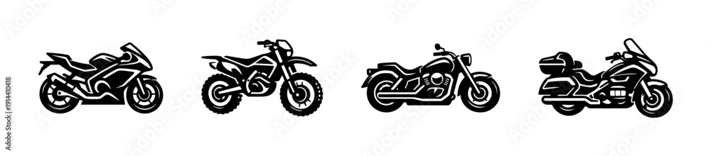 Obraz premium Set of various motorcycles in black and white silhouettes, flat vector illustration