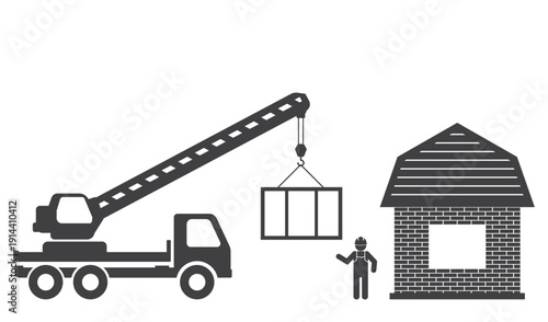 car truck crane machine lift window of house near worker man icon