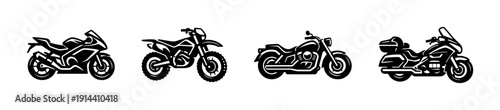 Set of various motorcycles in black and white silhouettes, flat vector illustration