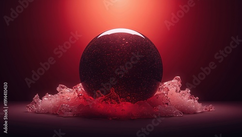 Bright Red Orb Surrounded by Ice on a Dark Surface in a Studio Setting at Night