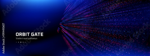 Tech vector background with abstract blue dots traveling fast forward with text orbit gate. Digital data flow graphic for futuristic technology banner design.