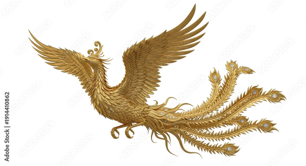 Fototapeta premium Golden phoenix in flight on transparent