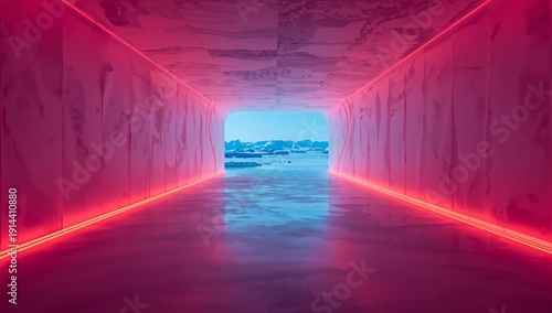 Bright Tunnel Leads to Ice Landscape With Neon Lights at the End