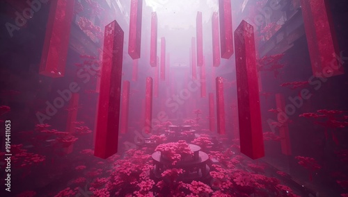 Colorful Vertical Structures Surrounded by Flowers in a Misty Space
