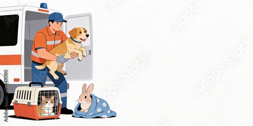 Animal rescue operation showcasing a dedicated paramedic carrying a golden retriever with small pets in carriers emphasizing compassion and emergency care for vulnerable animals
