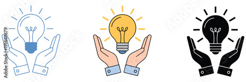 Light bulb multiple style icons set, vector illustration featuring solid, outline, flat, and glyph designs, ideal for idea concepts, innovation themes, business presentations,