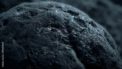 Close View of a Dark, Textured Rock With Water Droplets on Its Surface Near a...