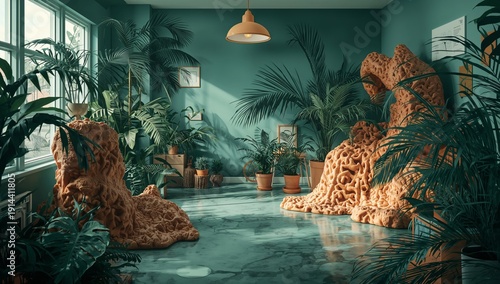 Sunset Over a Tropical Garden With Water Features and Lush Plants