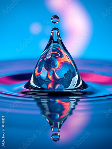 A close up of a water drop that creates a detailed reflection of a stylized, cosmic environment. The drop is depicted in a vibrant toonami style, surrounded by a blue background with a gradient from