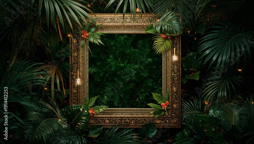 Decorative Frame Surrounded by Green Plants and Tropical Foliage in a Natural Setting During Daylight