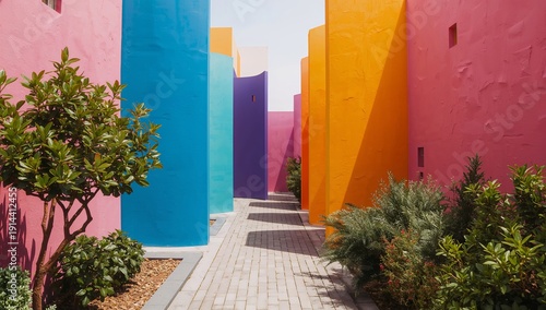Colorful Buildings in a Narrow Pathway Surrounded by Greenery in a Sunny Area