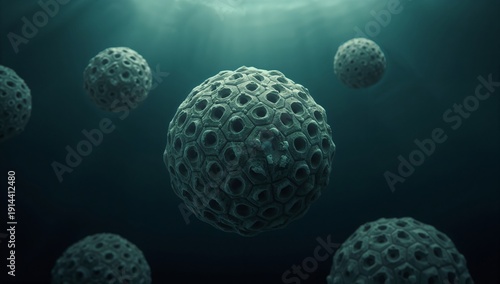 Underwater View of a Spherical Organism Floating in Dark Water