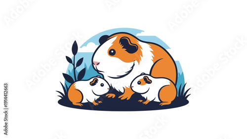 A Storybook Vignette Vector of a Guinea Pig and Pups from Suburban Home. transparent.
