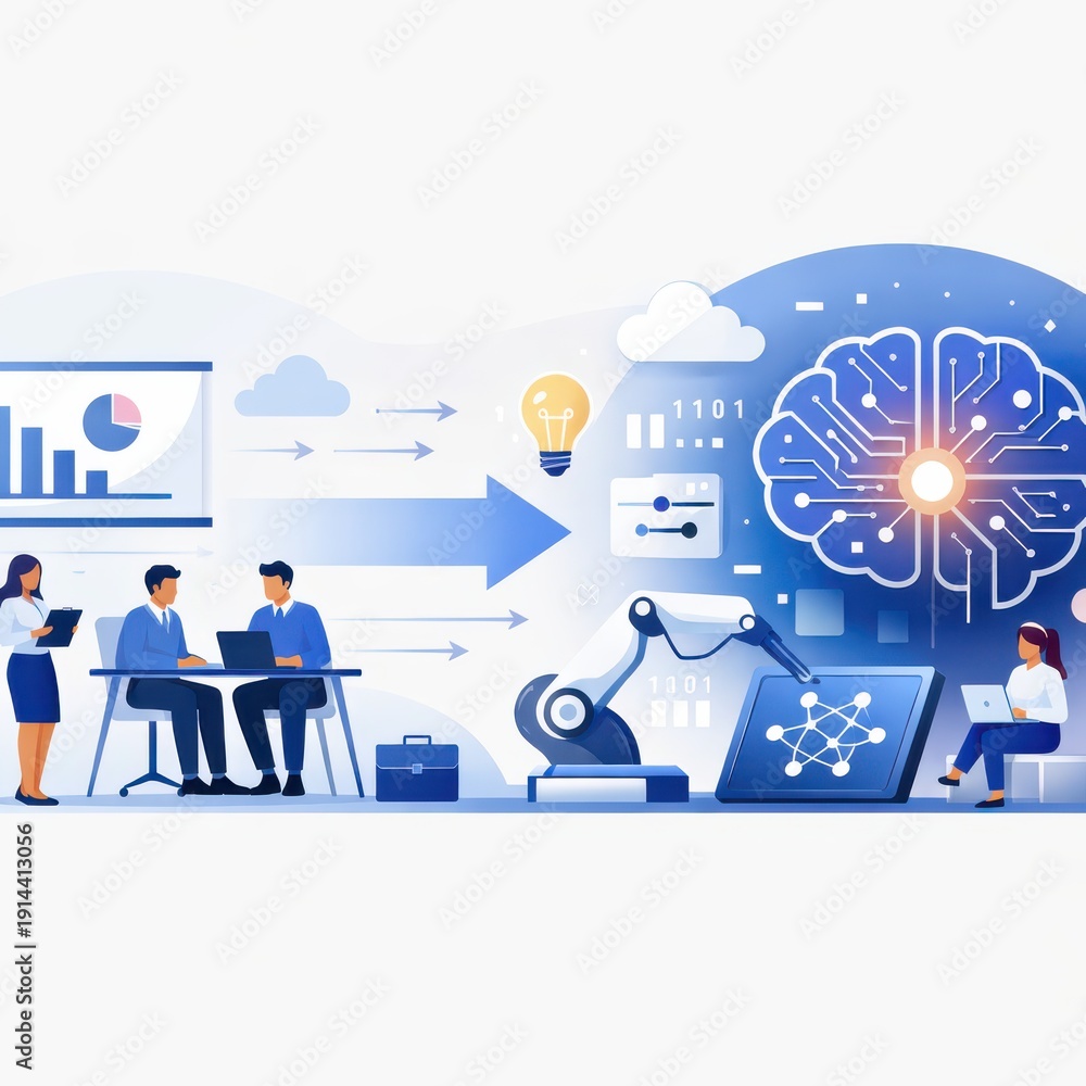 Naklejka premium Innovative business meeting showcasing teamwork and technology progression with data analytics artificial intelligence and robotic automation enhancing productivity and strategic insights