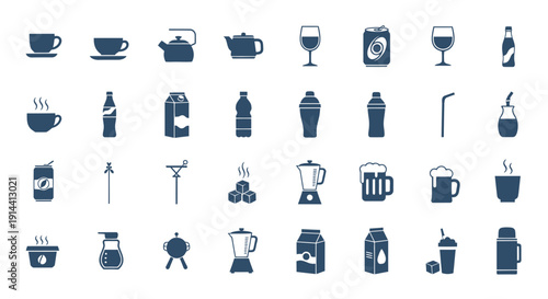 Refreshing Beverages and Drinks Icon Set for Cafes and Hospitality.