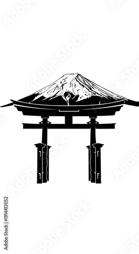 Serene Graphic Silhouette of Mount Fuji with a Torii Gate in Japan.