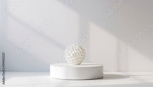 Sculpture on a Round Base Positioned in a Sunlit Room With Shadows