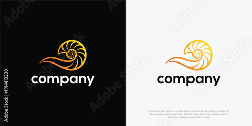 Golden Nautilus Shell Spiral Logo Design with Abstract Wave. Modern Elegant Company Brand Symbol.