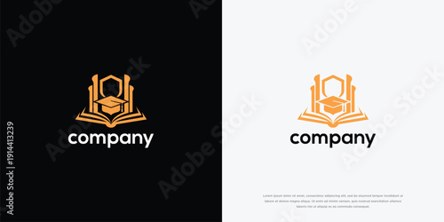 Education Logo Modern Book Graduation Cap  Shield for University Academy Learning Platform.
