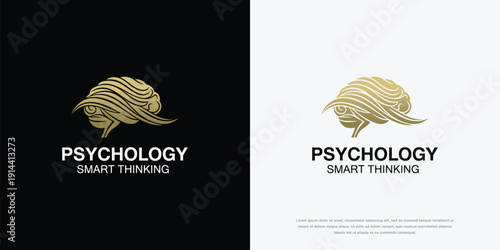 Psychology Smart Thinking Golden Brain Logo Design. Abstract Mind Mental Health  Cognitive Icon.