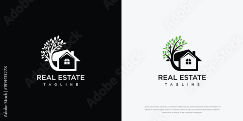 Real Estate House Tree Logo Design. Modern Property Home Realty Green Building Vector Icon.
