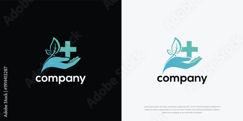 Health Medical Care Logo with Hand Leaf and Cross Symbol - Wellness  Natural Healing Brand Identity.