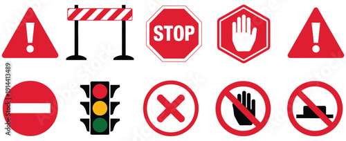 Warning and prohibition vector icon set in red, featuring stop, hand, danger, no entry, traffic light, and barrier symbols, perfect for safety, construction, traffic