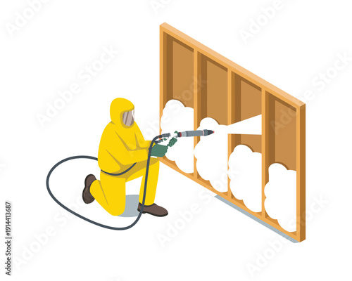 Worker in protective suit applies spray foam insulation to a wooden wall frame.