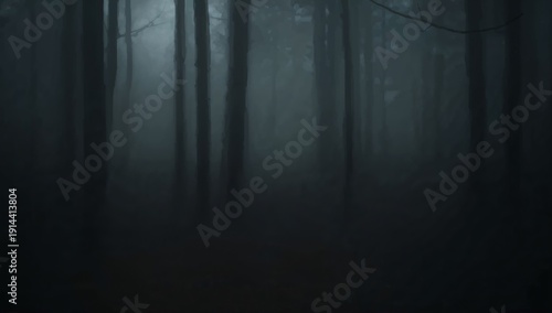 Foggy Forest Scene With Tall Trees in a Dark Setting During Early Morning Hours