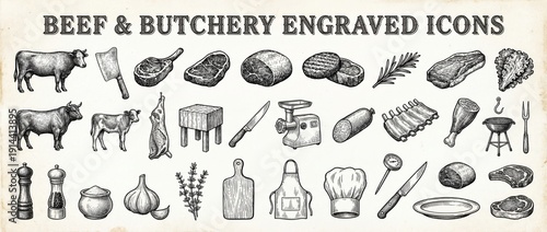 Beef and butchery icons show cuts, tools, and ingredients used in cooking meat preparation in a clear design