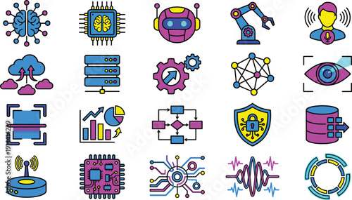 A collection of colorful, abstract icons representing various technology and industrial concepts displayed on a clean white background from a straightforward viewpoint