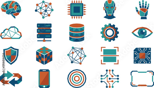 A collection of modern digital icons representing technology and innovation in a grid layout
