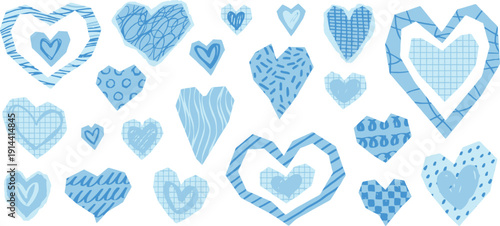 Collection of blue heart shapes with various patterns and designs on a clean background from a straightforward viewpoint