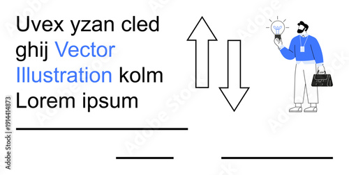 Innovation, creativity, business strategies, leadership, problem-solving, decision-making. A man holding a light bulb ideas, next to two directional arrows. Innovation and creativity concept