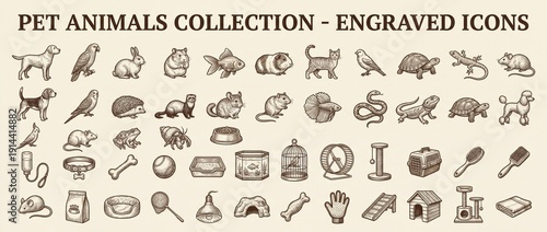 Pet animals collection shows engraved icons of various pets and their items for fun design and decoration purposes