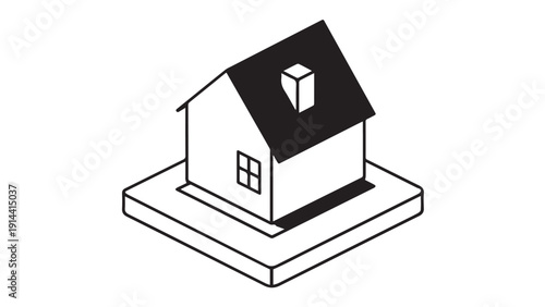 Minimal Line Drawing of a Small House on a Pedestal, Architectural Model Illustration.