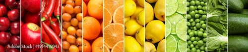 Obraz  z motywem Fruits, berries and vegetables combined by colors, collage. Banner design